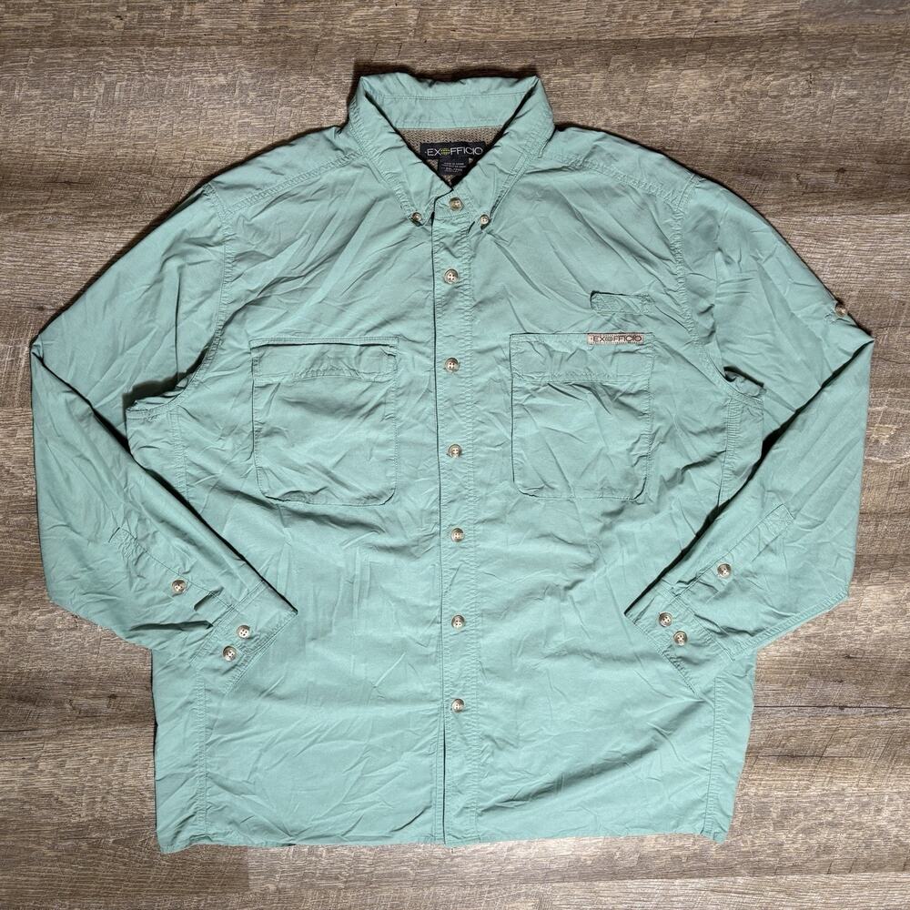 ExOfficio Button up Shirt Men's 2XL Green Vented Fishing Hiking Long Sleeve